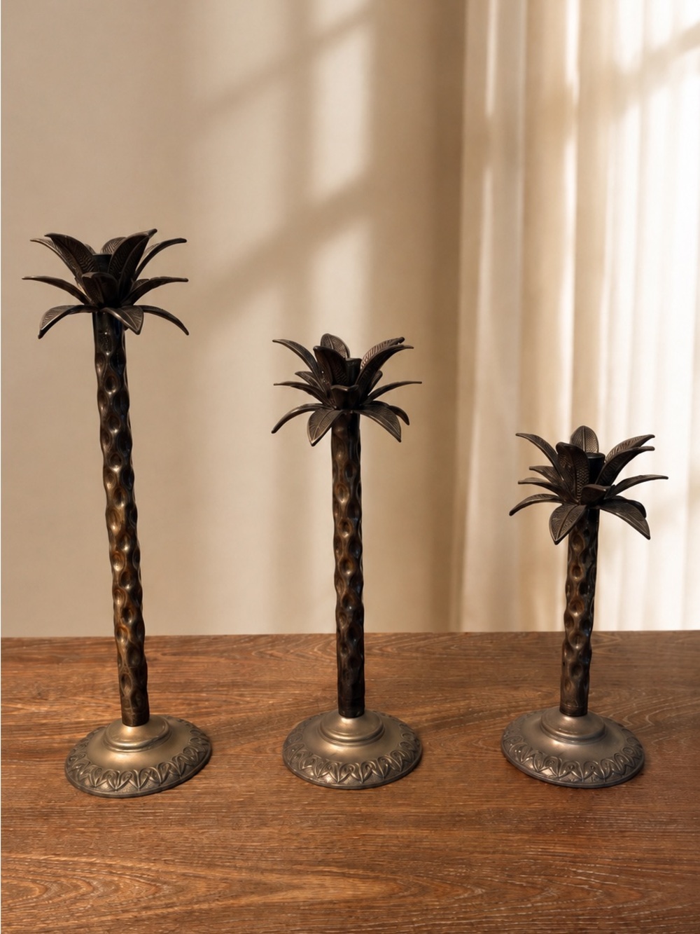 Vintage Palm Tree Candle Holders Set of 3 Metal Hollywood Regency